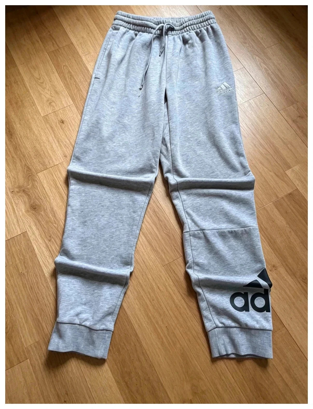 Adidas Grey Marl Joggers UK S Tapered Cuffed Big Logo Fleece Sweatpants Gym Casual Streetwear