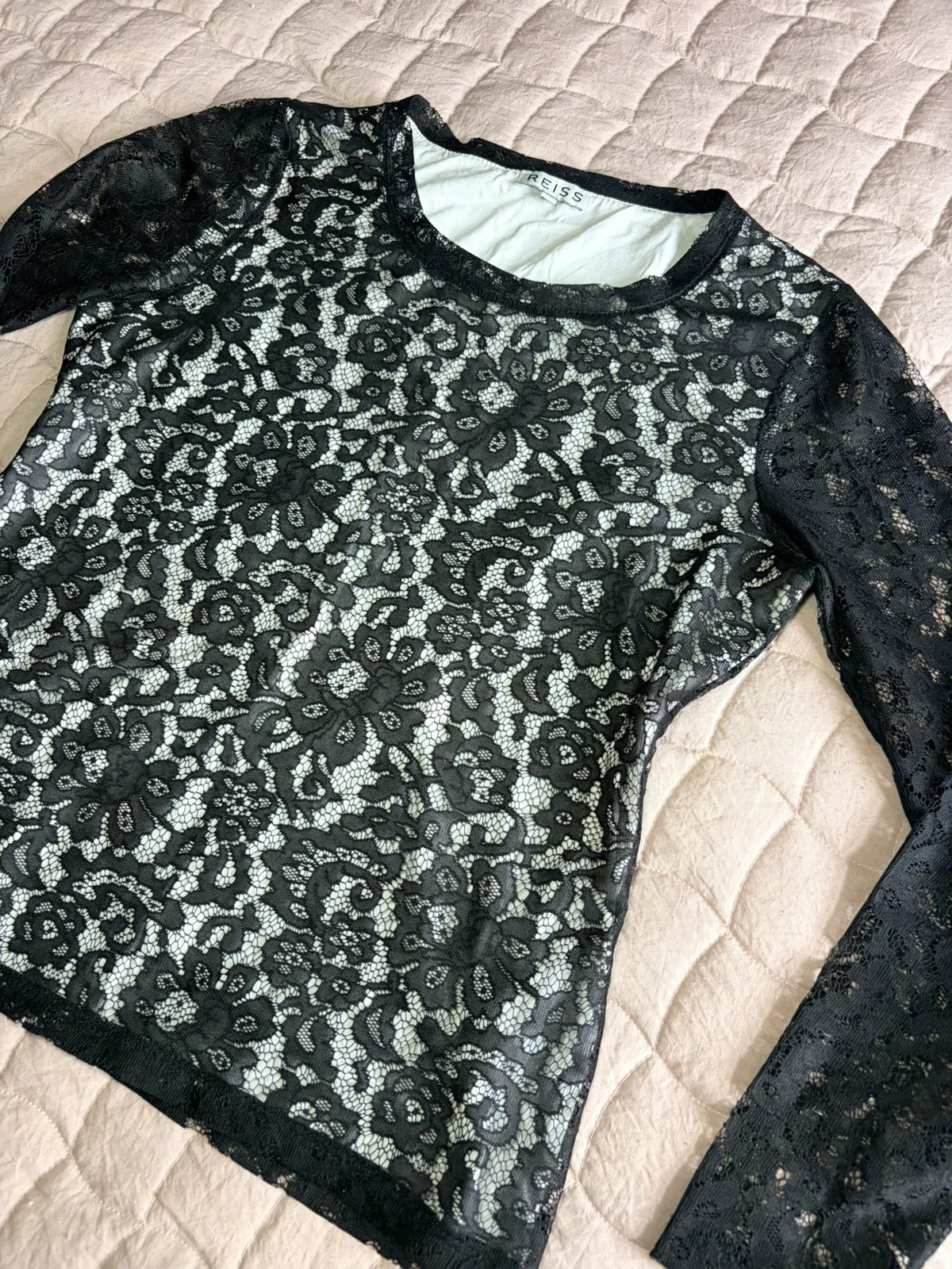 Reiss Black Floral Lace Long Sleeve Top | Size M | Smart Occasion Blouse
