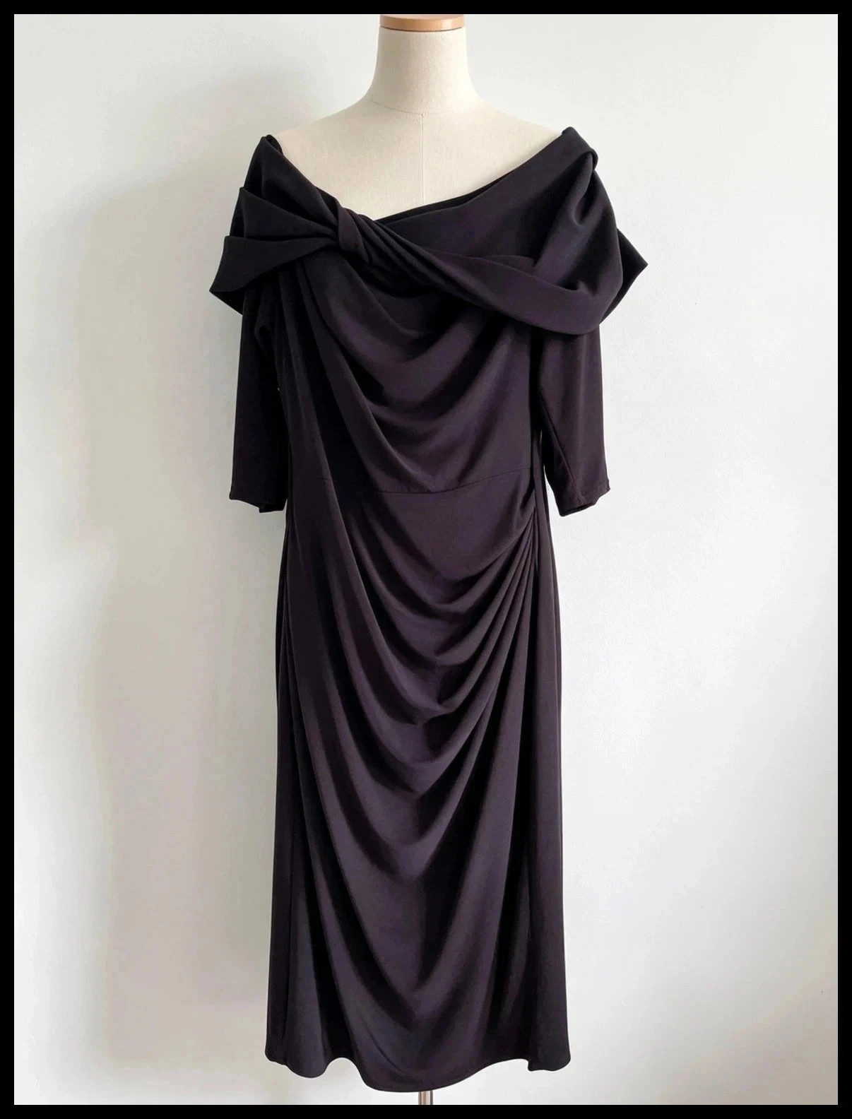 Pied A Terre Black Off‑The‑Shoulder Midi Dress Size 14 Ruched Formal Occasion Evening Wear