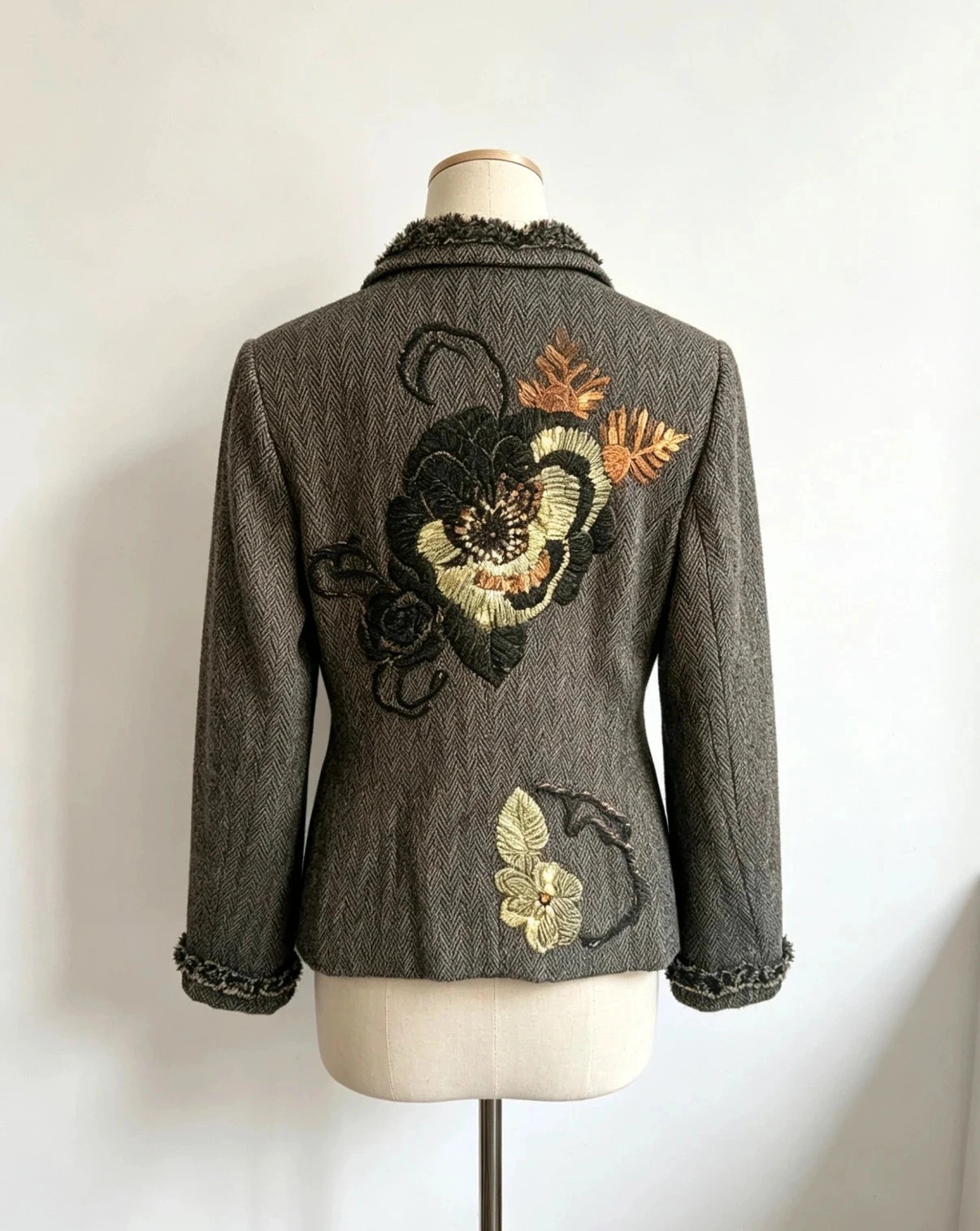 Vintage Y2K Wool Blend Herringbone Blazer with Sequined Floral Back - Size 10