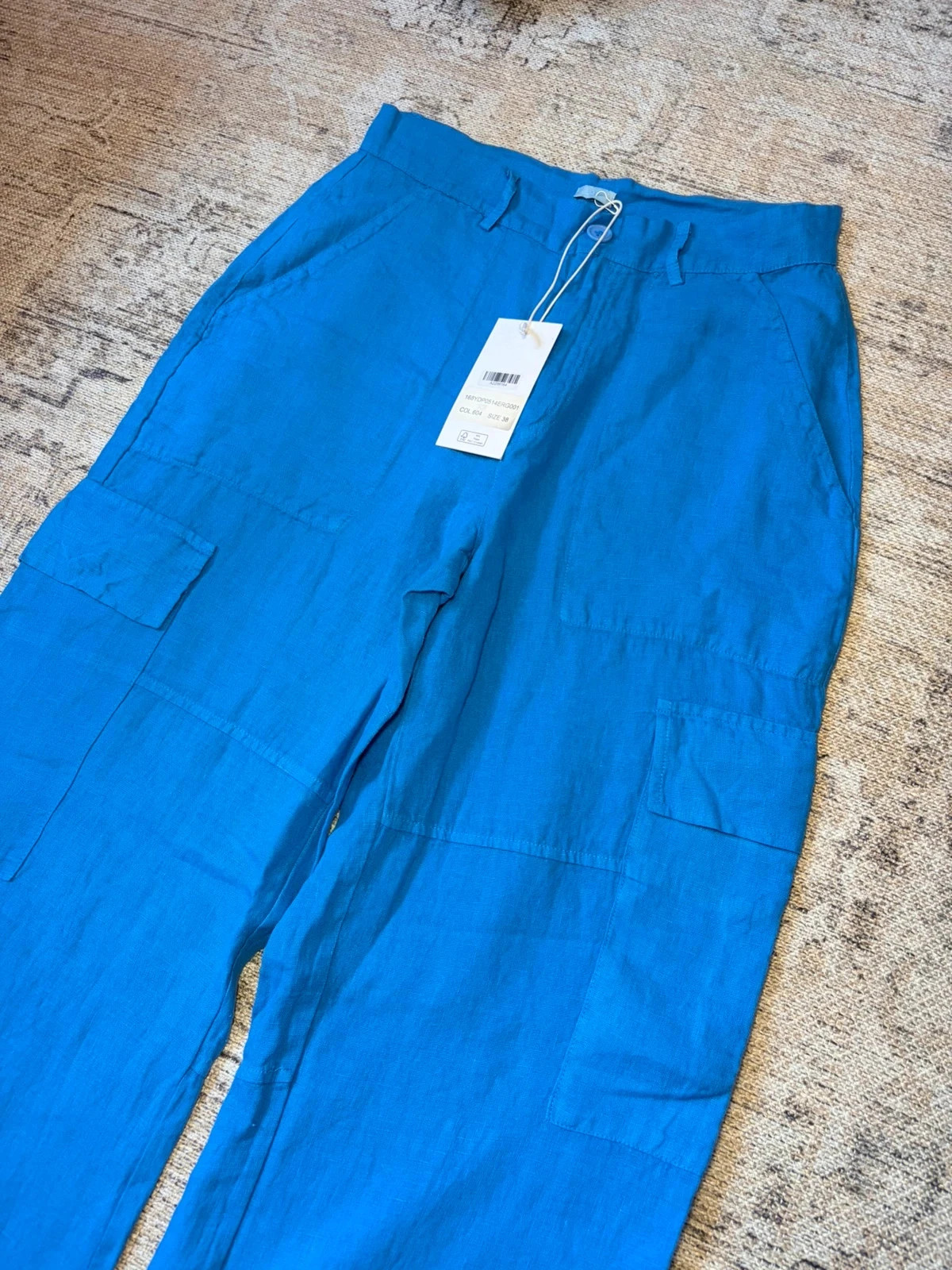 8 by YOOX Blue Linen Cargo Trousers | Size IT 38 / UK 6–8 | New | RRP £110