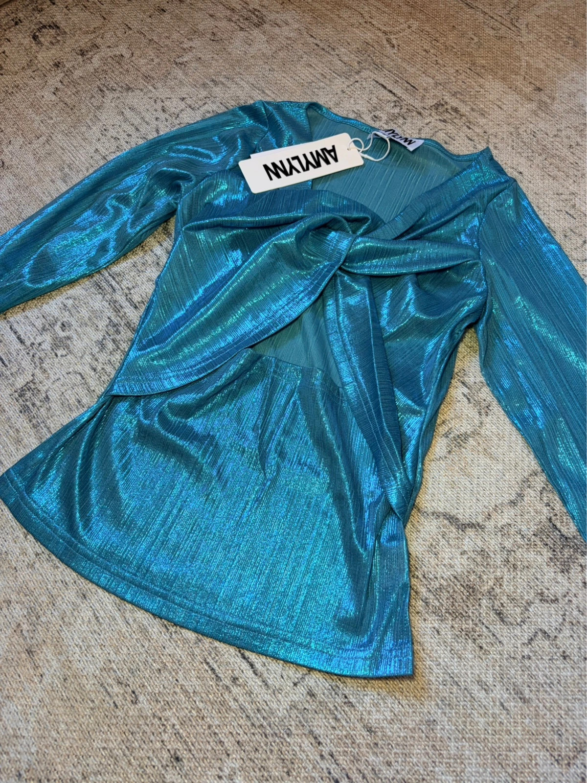 Amy Lynn Metallic Blue Wrap Top Long Sleeve Y2K Party Size 8 New with Tags