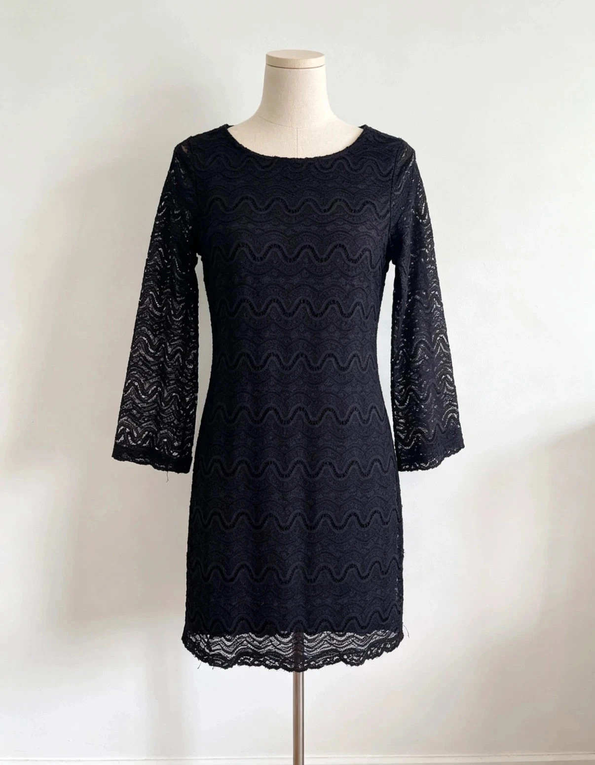 Mela London Black Lace Shift Dress UK 10 3/4 Sleeve Lined Occasion Evening Party Classic Chic