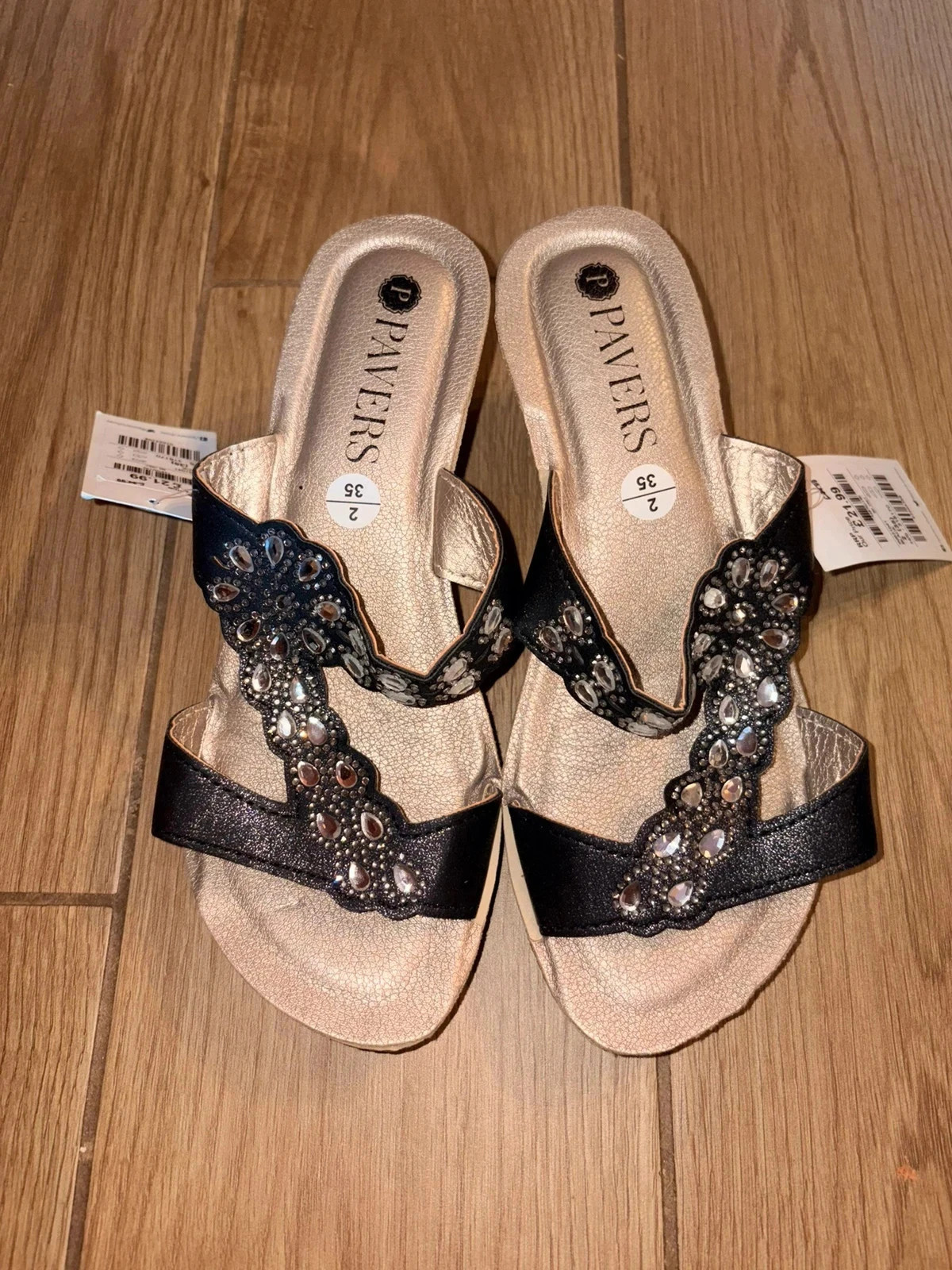 Pavers Black Jewel Embellished Wedge Sandals - Brand New