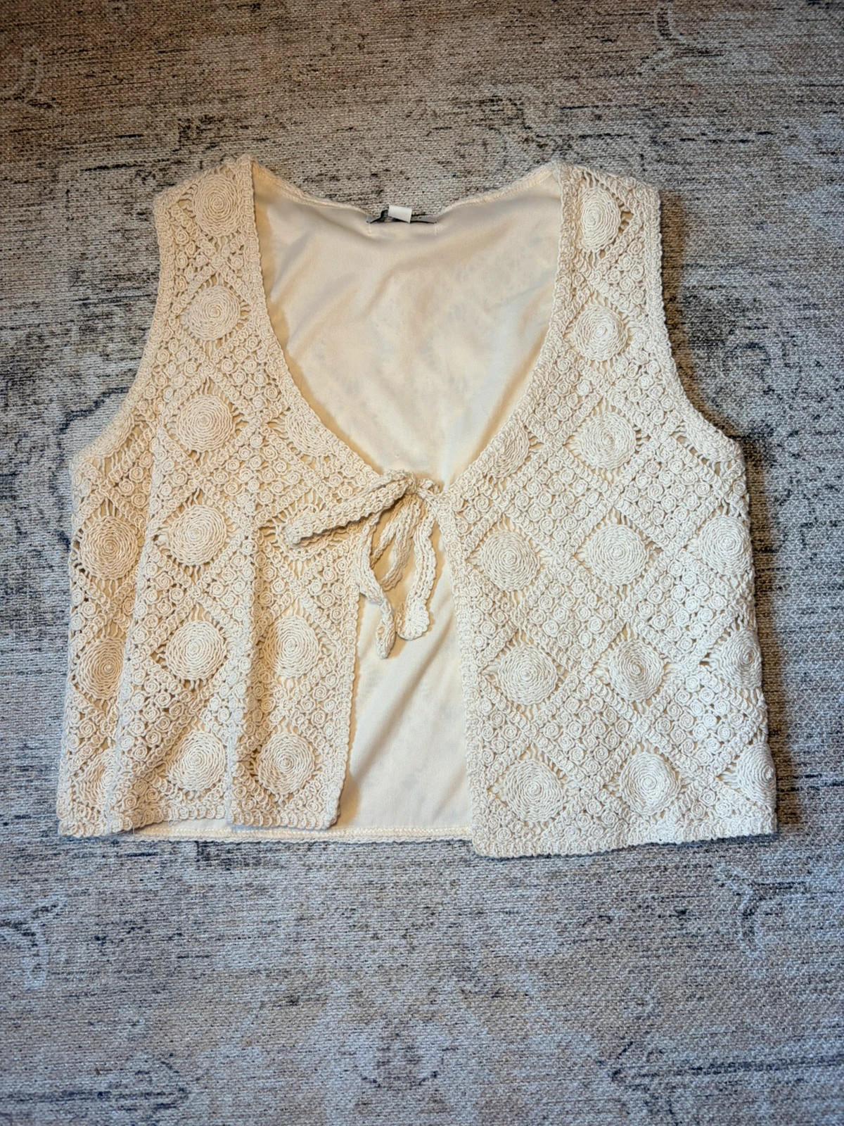 Wild Flower Cream Crochet Lace Tie Front Vest Top Boho M/L UK 12-14