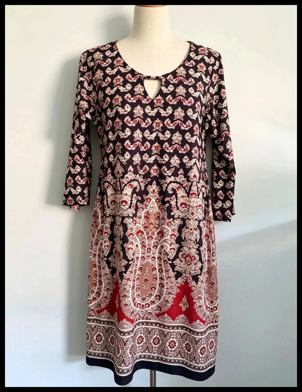 Billie & Blossom UK 12 Black Red Paisley Shift Dress 3/4 Sleeve Boho Keyhole Neck Tunic