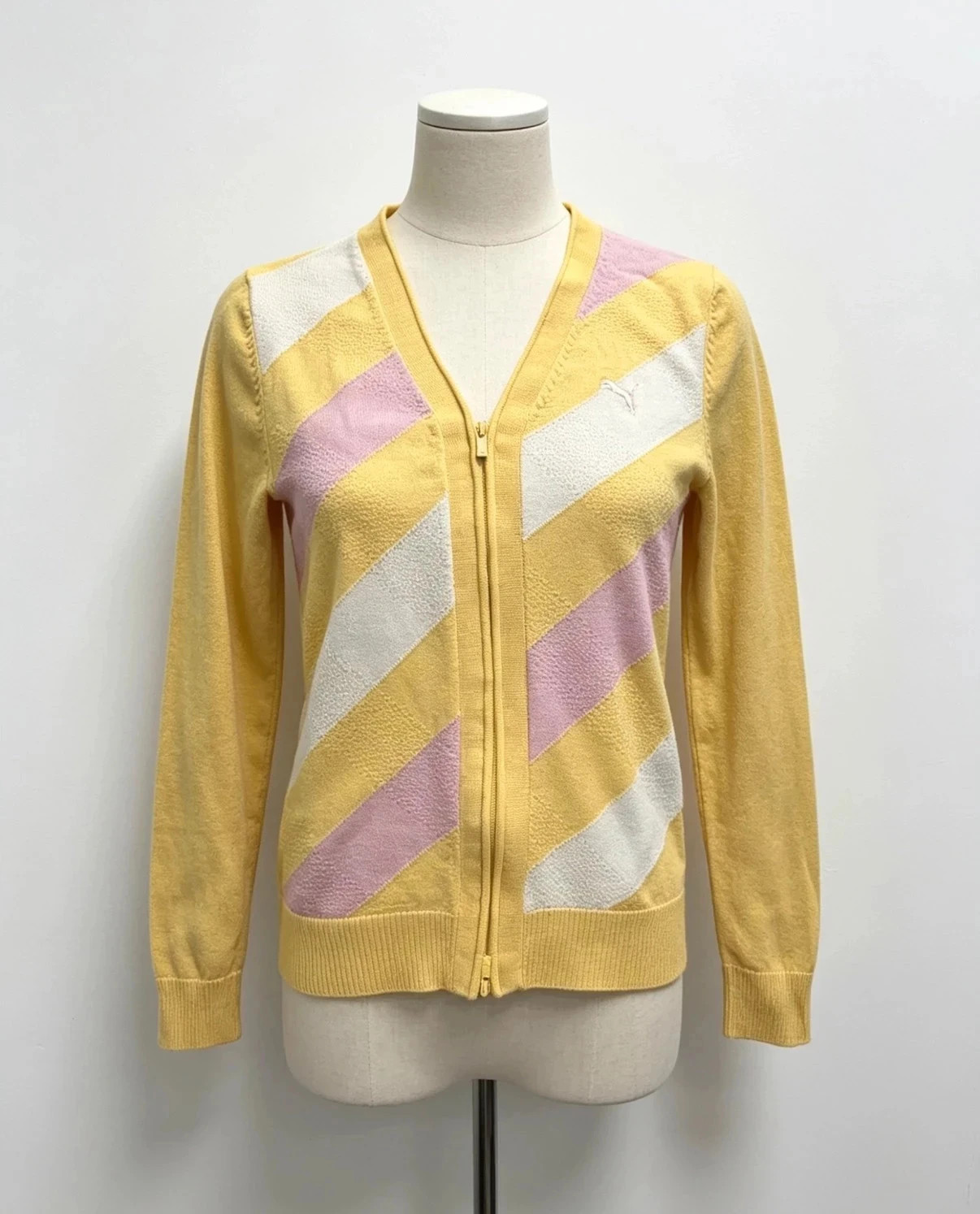 Vintage Puma Merino Wool Zip‑Up Cardigan UK 8 Yellow Pink White Diagonal Stripe Retro Sport