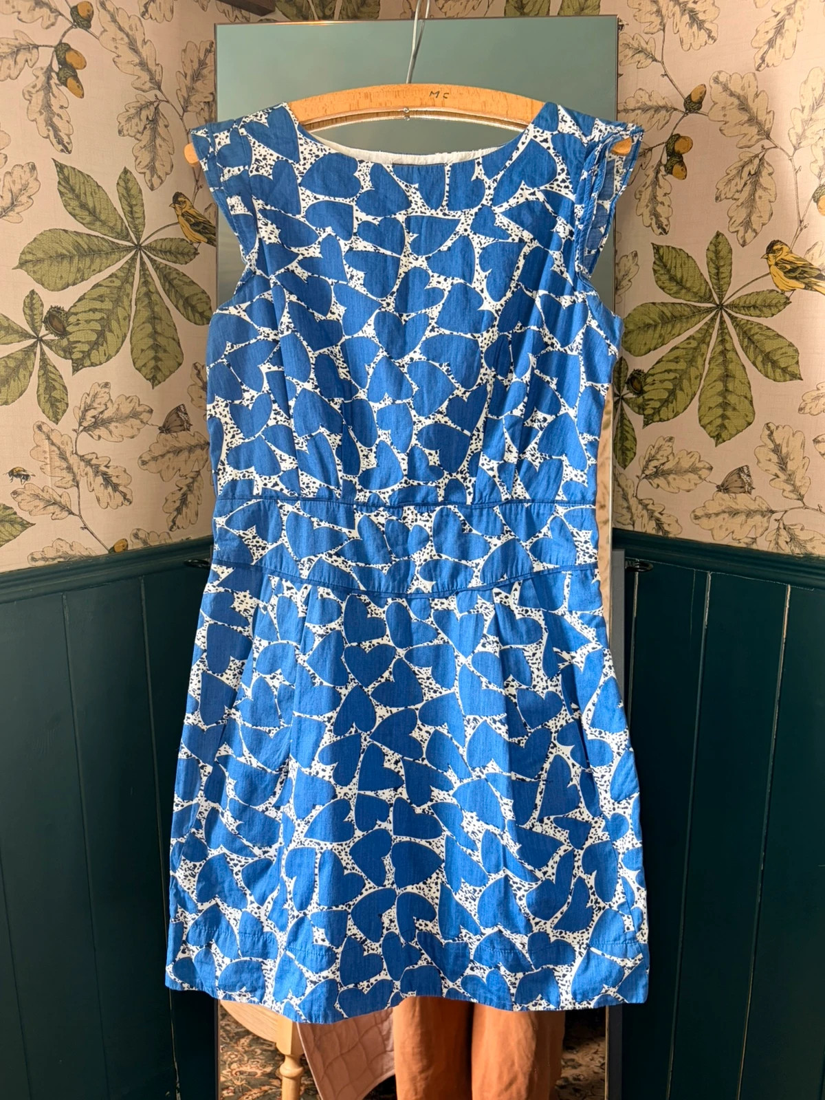 Emily and Fin Blue Heart Print Shift Dress | Size S / UK 8–10 | 100% Cotton Retro