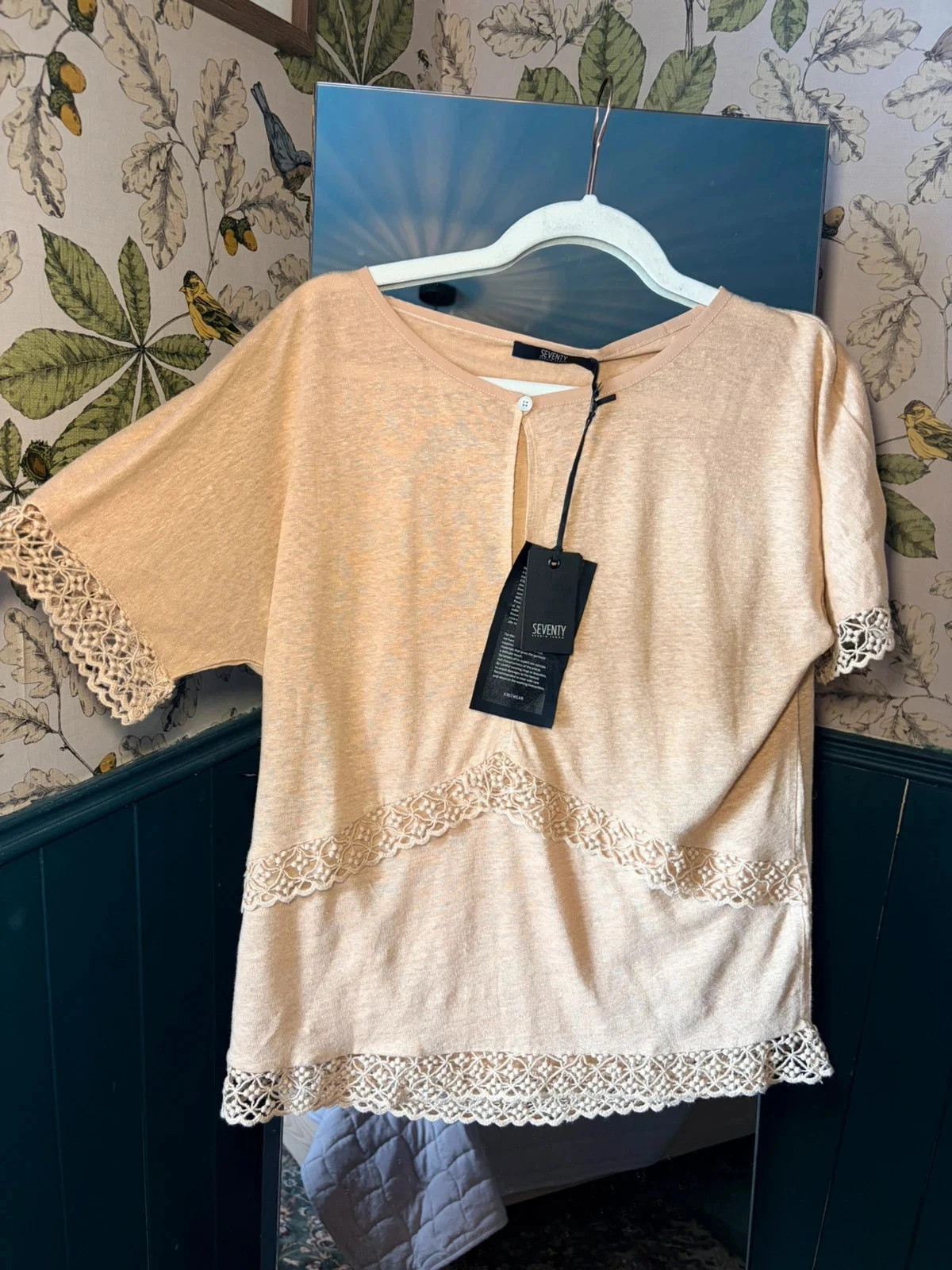 Seventy Natural Linen Blend Tee | Crochet Lace Trim | NWT | Size UK 14