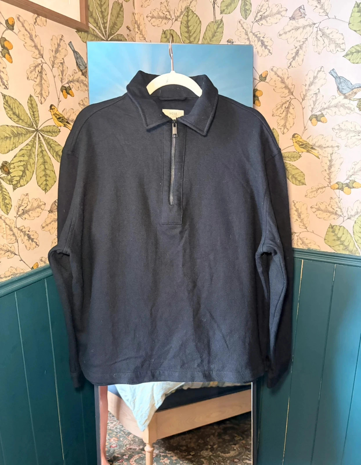 MOSS Black Wool Mix Quarter Zip Shirt | Size L | Relaxed Fit | Premium Fabric