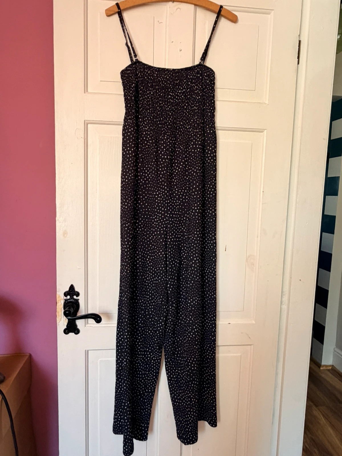 George Black White Polka Dot Smock Jumpsuit Size 10