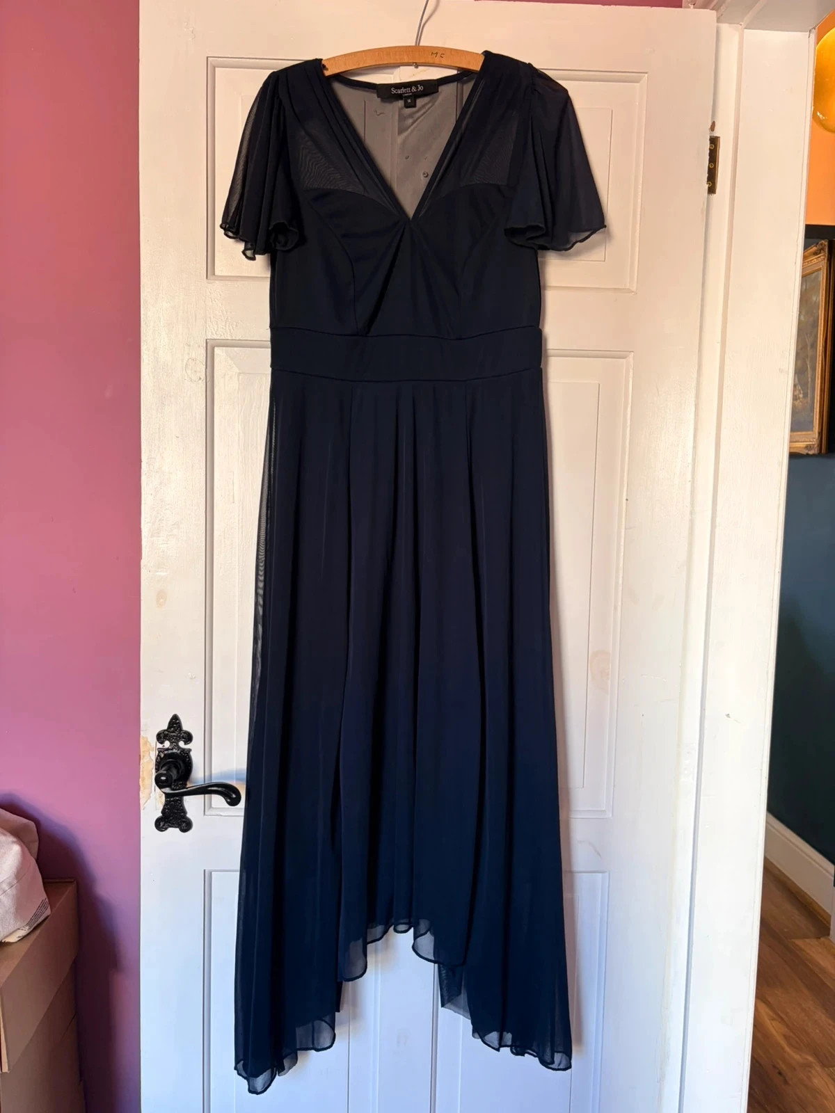 Scarlett & Jo Navy Mesh High-Low Maxi Dress | UK 14 Wedding Guest Occasion
