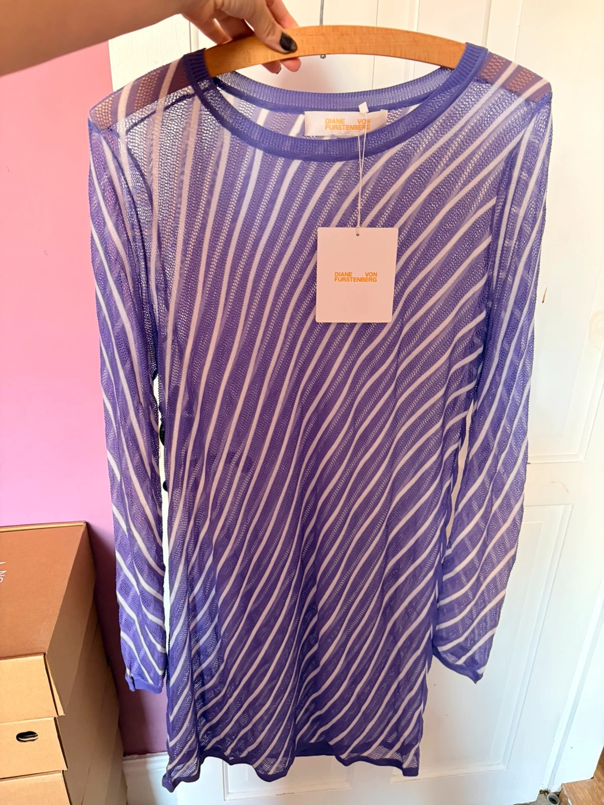 RRP £240 Diane Von Furstenberg Sheer Knit Tunic Size M UK10-12 Purple Stripe Beach Cover Up Holiday