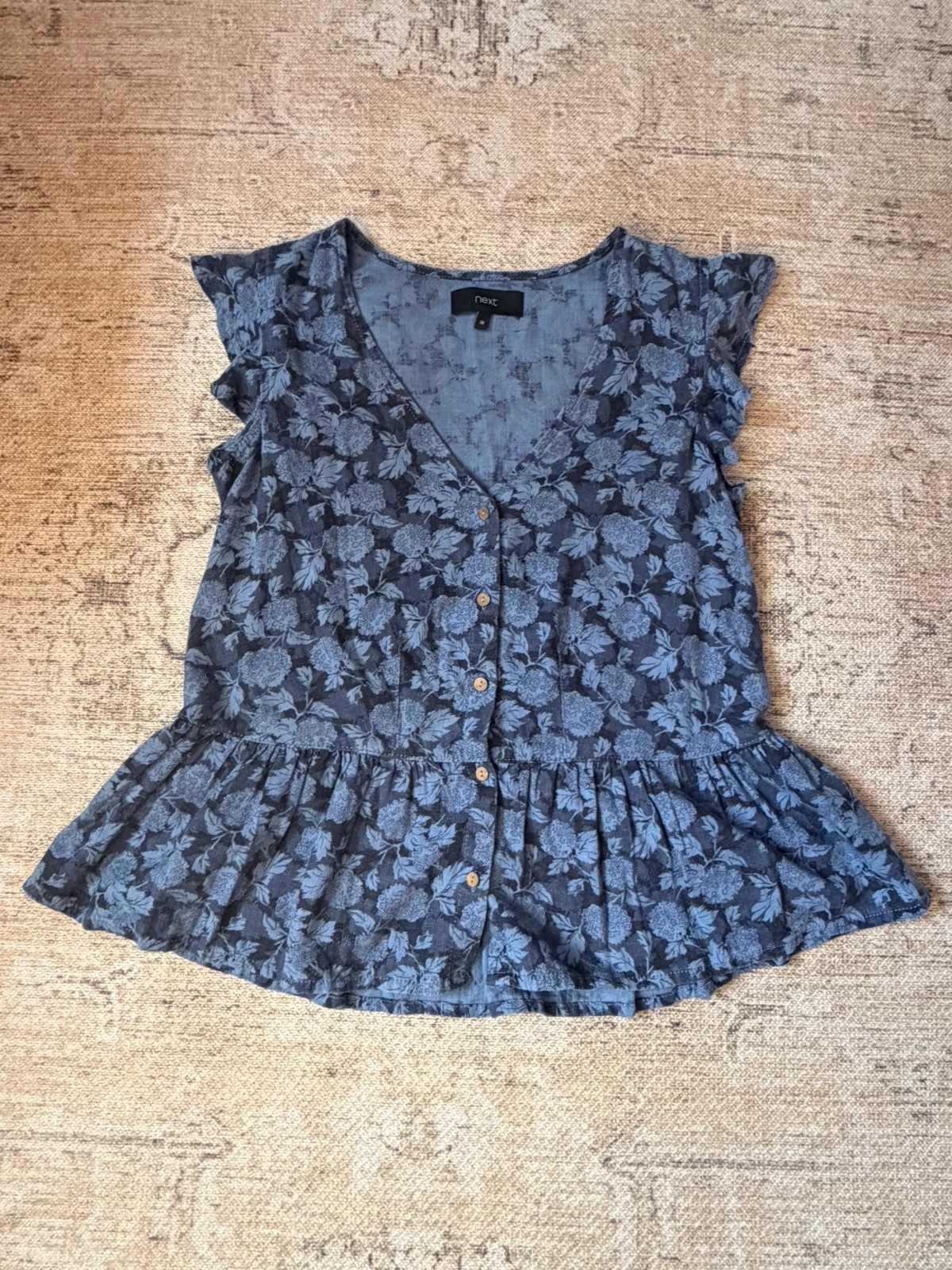 Next Linen Blend Floral Peplum Top Blue Button Front Ruffle UK 8