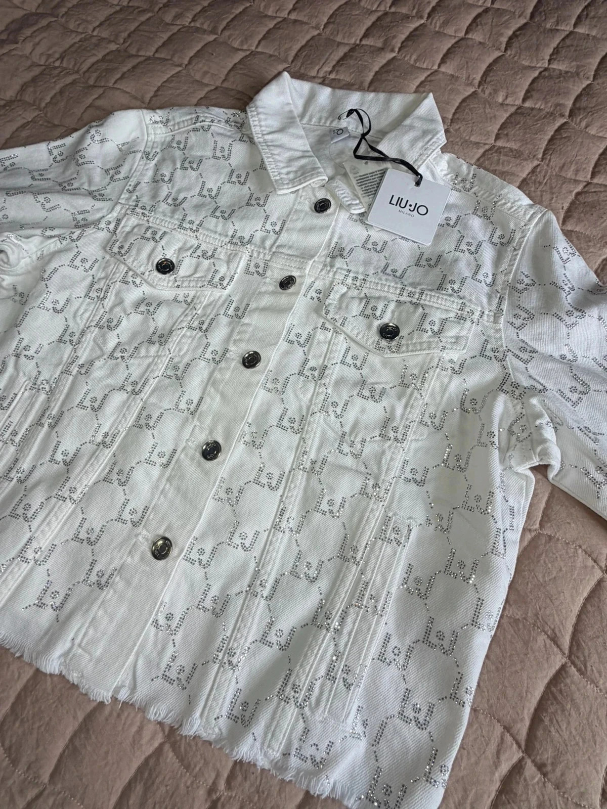 BNWT Liu Jo Milano White Crystal Monogram Denim Jacket | Size XL / UK 14–16 | Frayed Hem RRP £210