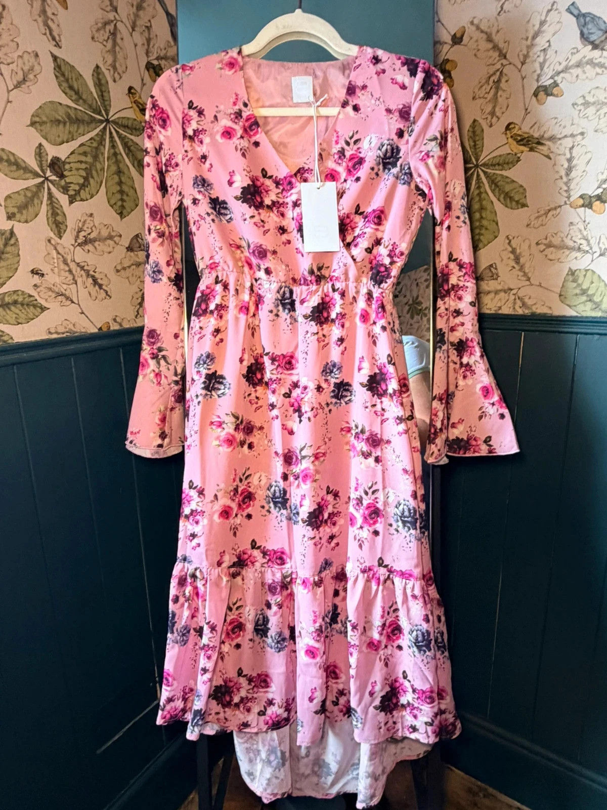 8 by YOOX Pink Rose Print Midi Dress | Size UK 6 | Bell Sleeves / Ruffle Hem | Boho