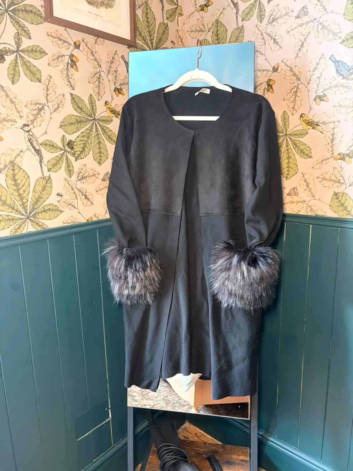 MC Lorene Black Coat | UK 14 | Faux Suede & Knit | Faux Fur Cuffs | Elegant