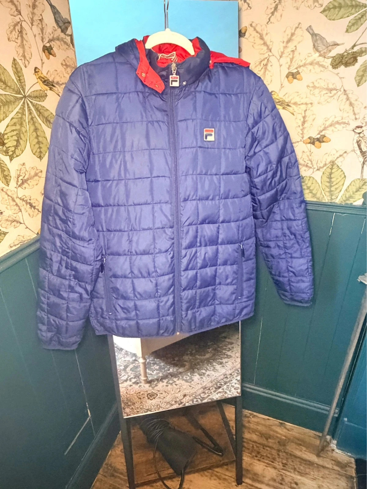 Fila Retro Quilted Puffer | Navy & Red | Size M | Lightweight Hooded Coat