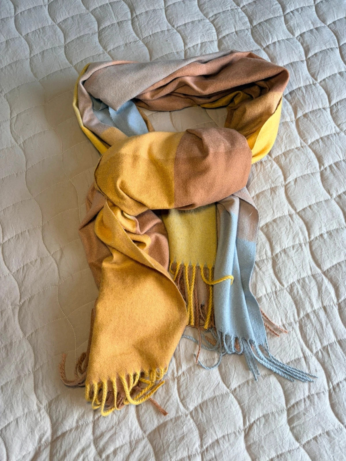Soft Wool Blend Check Scarf | Neutral Multicolour | Fringed Warm Shawl