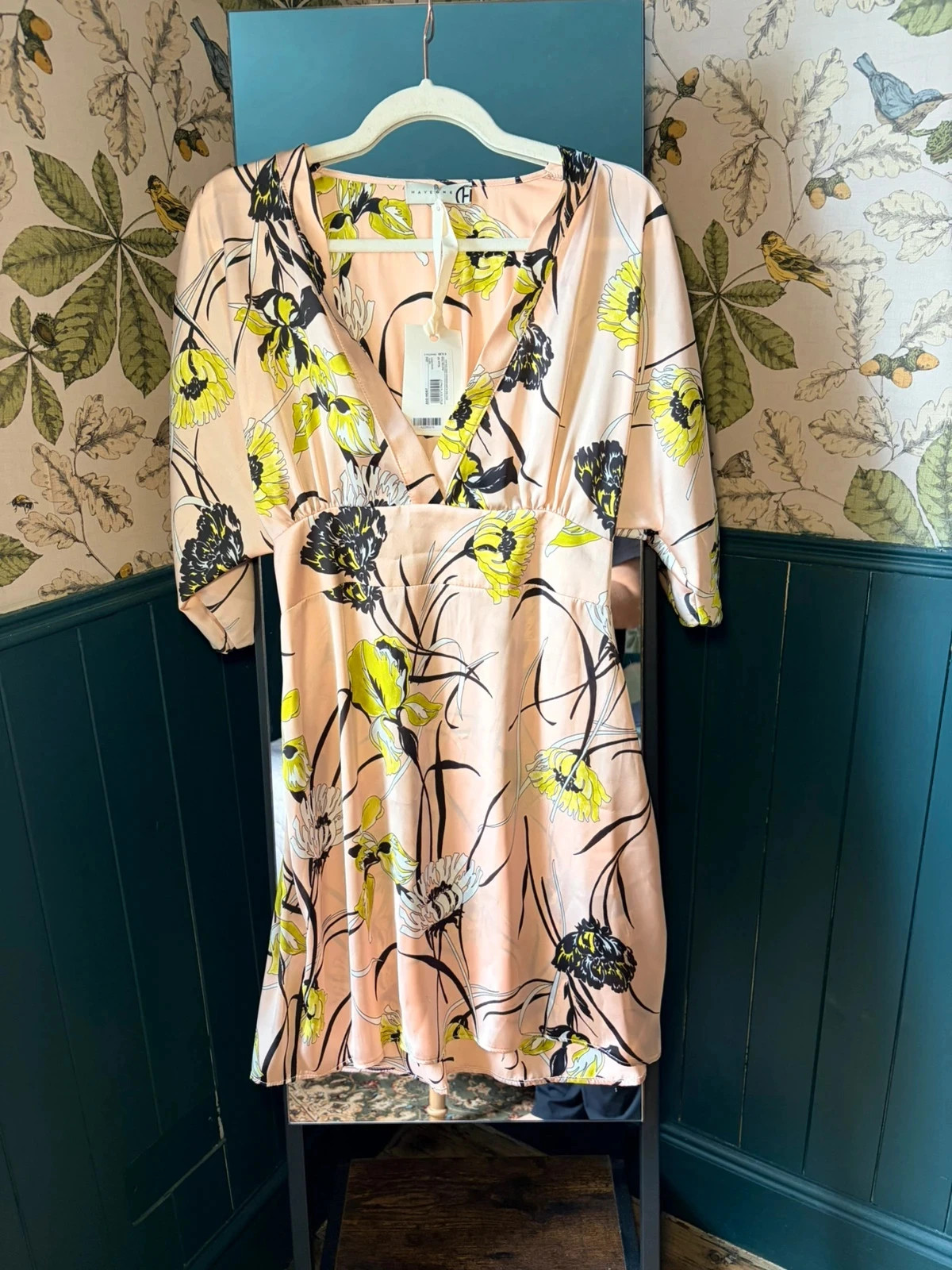 Haveone Italian Satin Dress | Size M | Blush Pink & Lime Floral | New