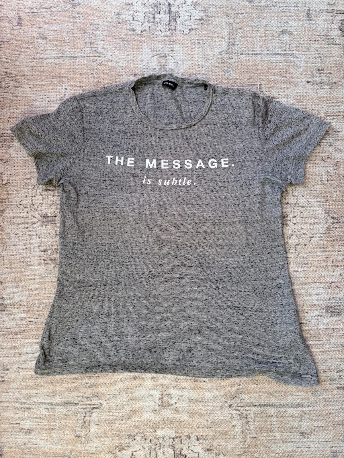 Y2K Diesel T-Shirt The Message Is Subtle Grey Slub Ribbed Tee Cotton Size S