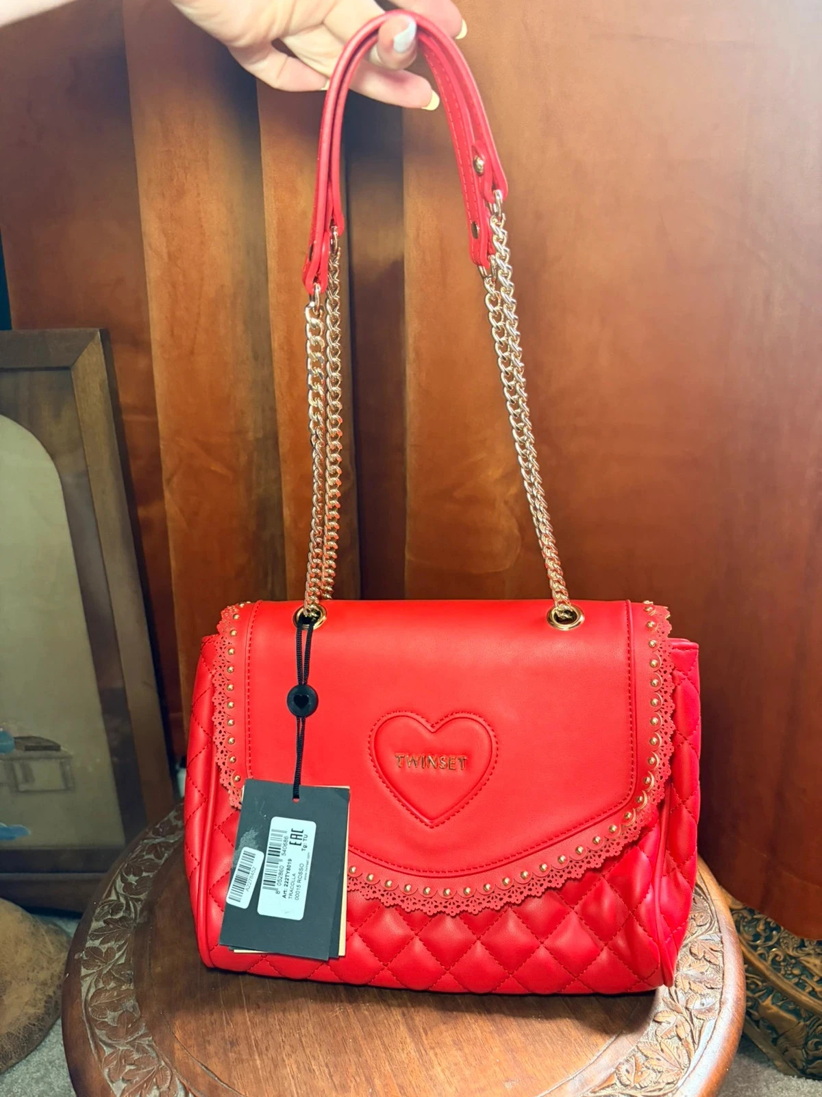 BNWT Twinset Milano Red Quilted Heart Bag | Gold Chain Crossbody / Shoulder Bag RRP £130