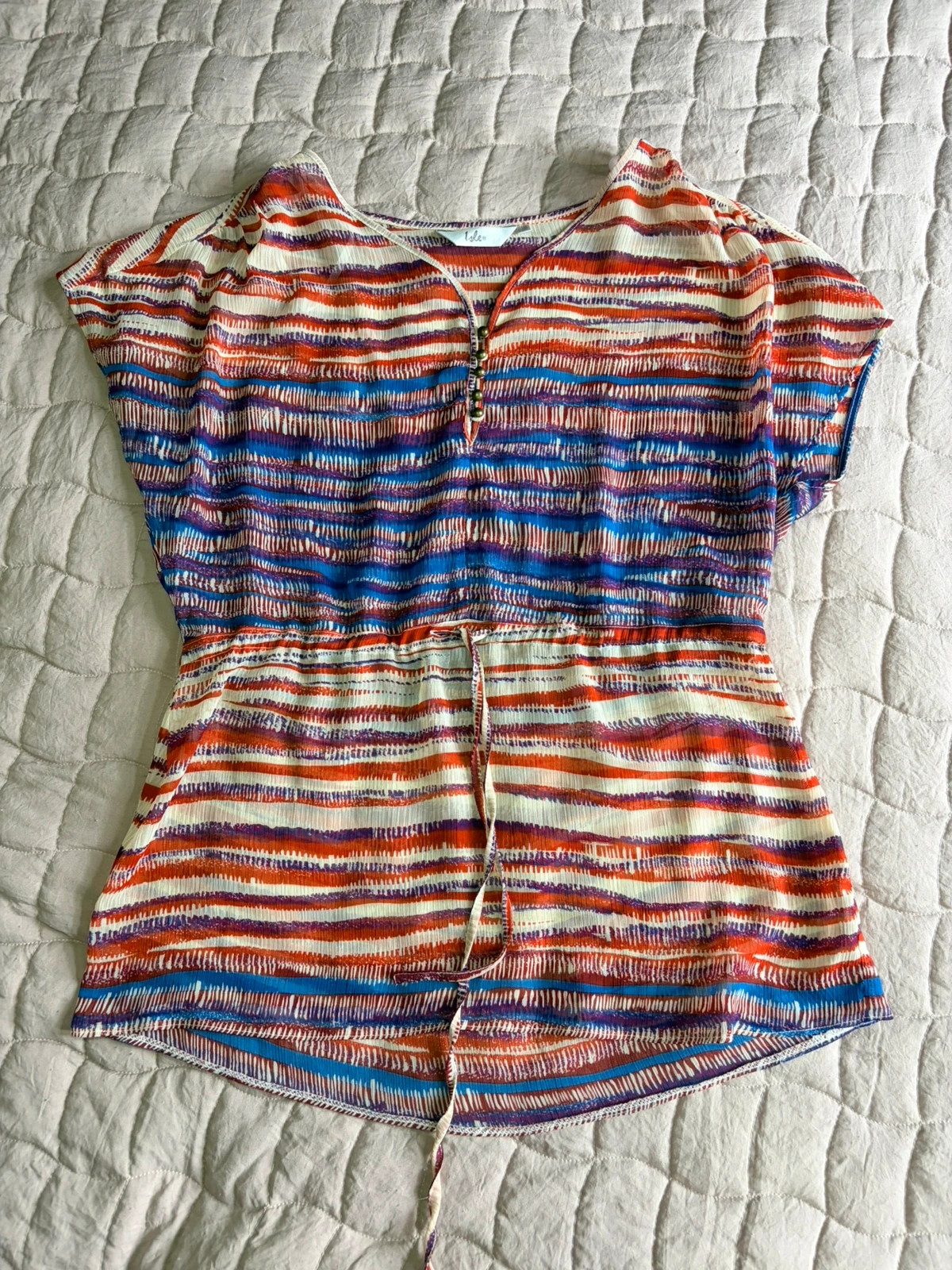 Isle Multicolour Brushstroke Stripe Crinkle Chiffon Blouse | Size 10 | Tie Waist Summer Top