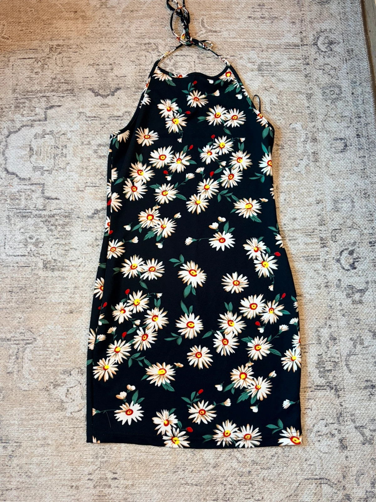 Shein Black Daisy Floral Halter Mini Dress Y2K Inspired
