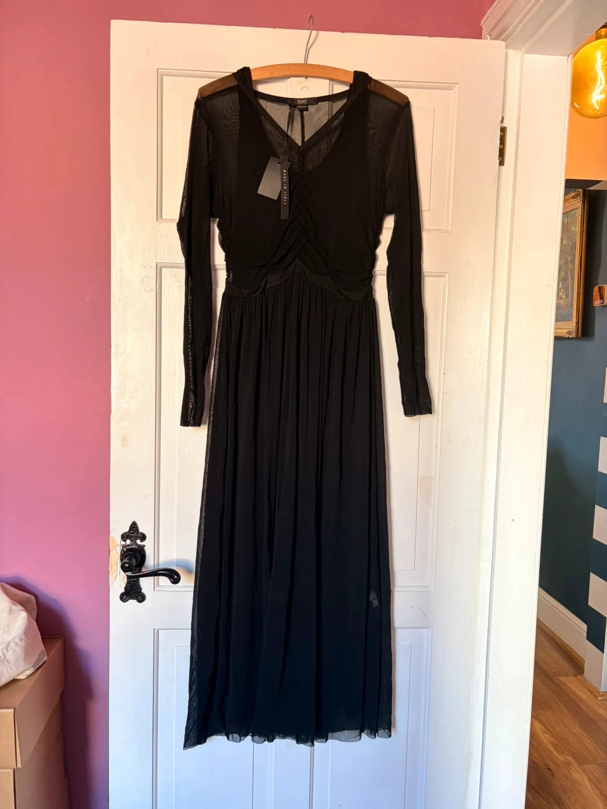 BNWT Seventy Italy Black Mesh Maxi Dress | UK 10 Occasion Evening Gown Gothic RRP £150
