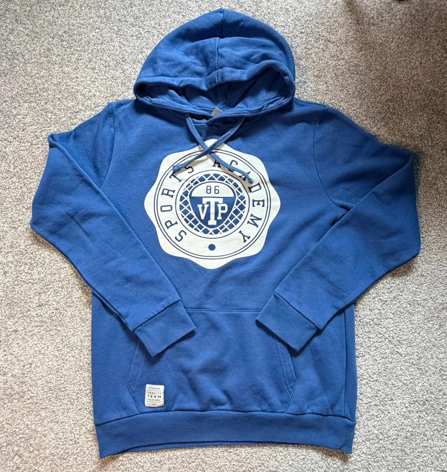 Blue varsity hoodie sports academy comfy jumper top size M