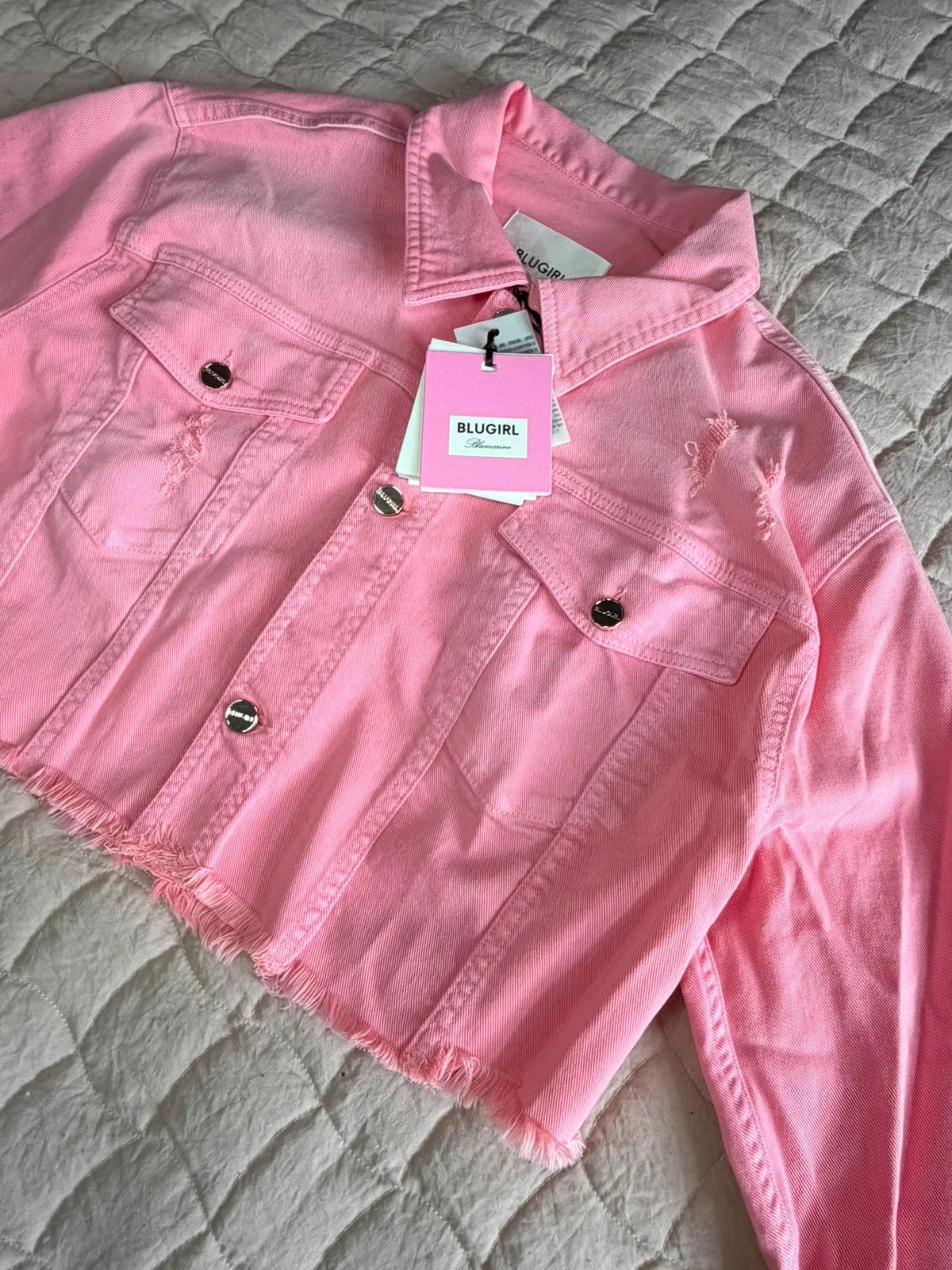 Bnwt blugirl blumarine pink cropped denim jacket | UK 14 rrp £160 | distressed barbiecore