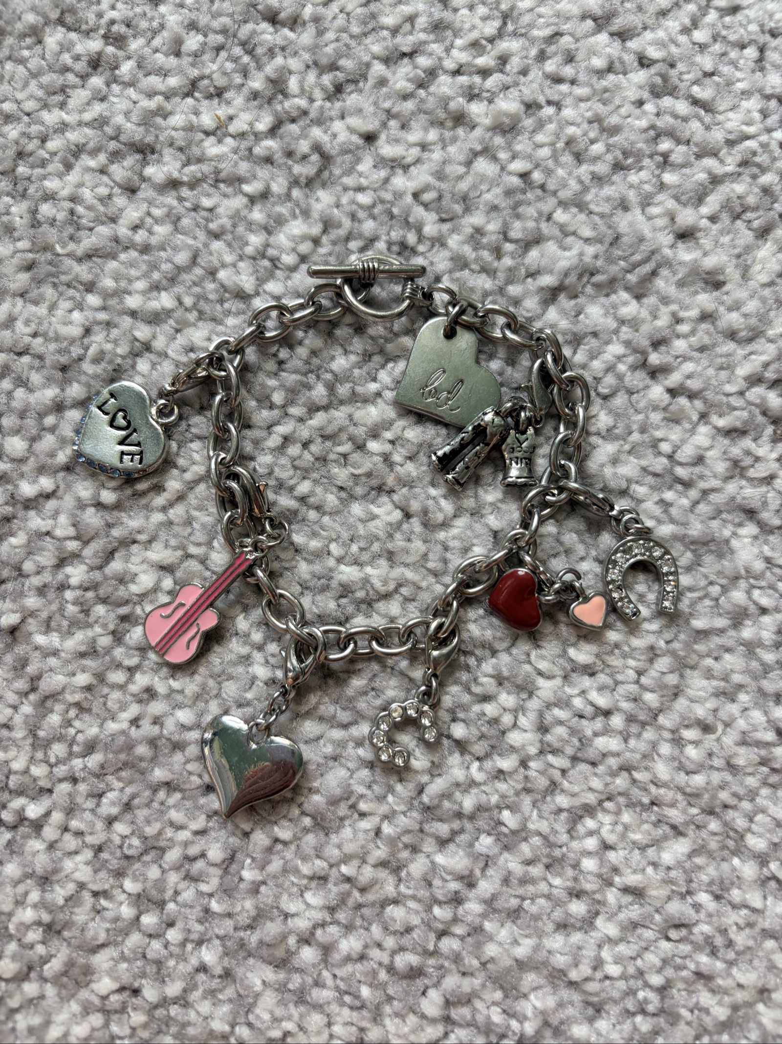Y2K Silver Tone Loaded Charm Bracelet | Hearts, Guitar, Crystals | Toggle Clasp