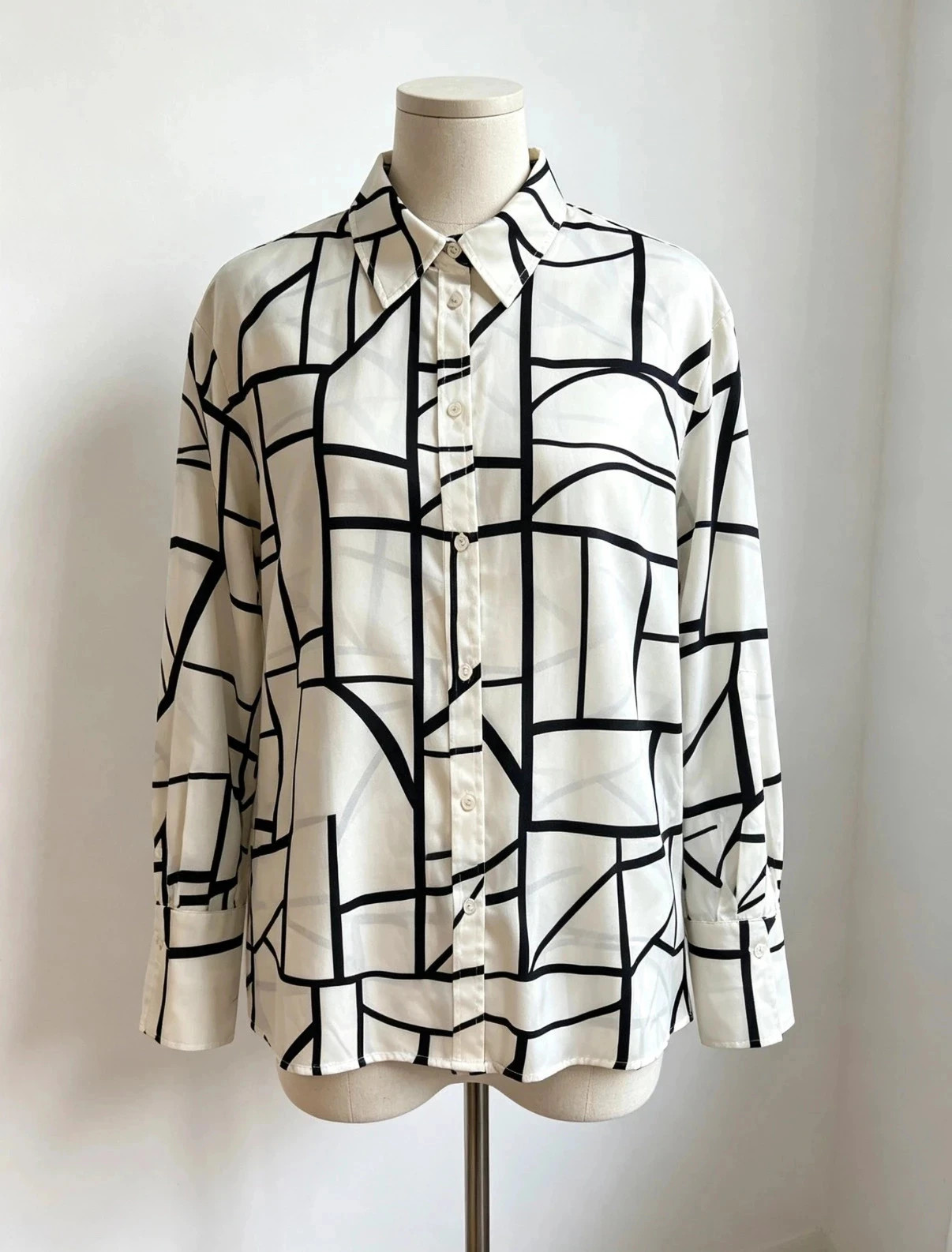 M&S Collection Ivory & Black Abstract Geometric Satin Oversized Shirt · UK 12