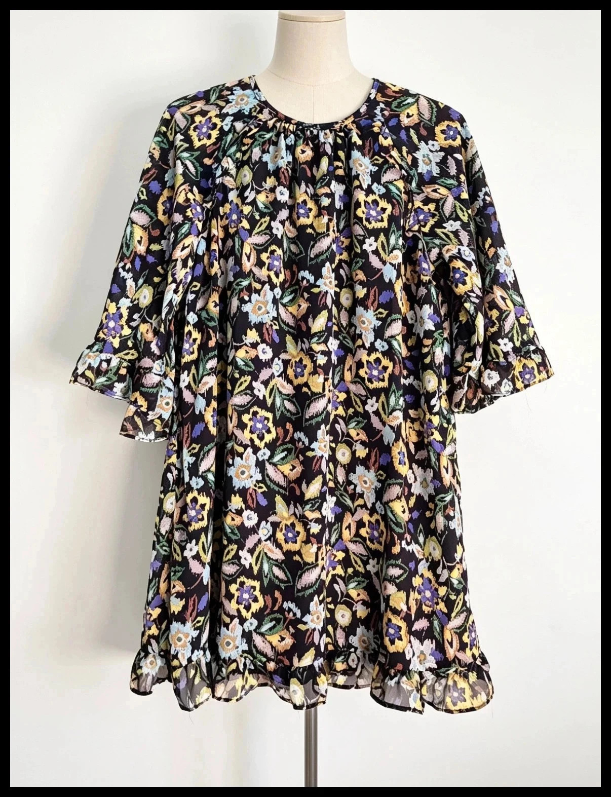 Blue Vanilla Black Floral Ikat Swing Tunic / Mini Dress • UK S 8–10