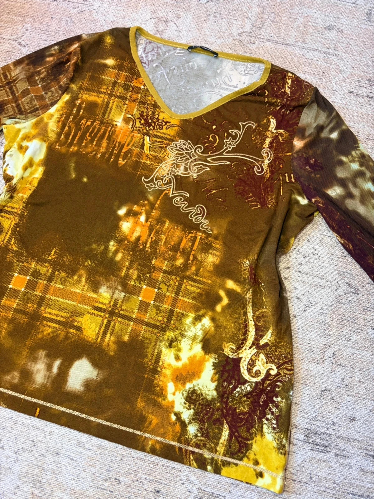 Luisa Cerano Y2K Brown Gold Paisley Tartan Print Long Sleeve Top UK 18