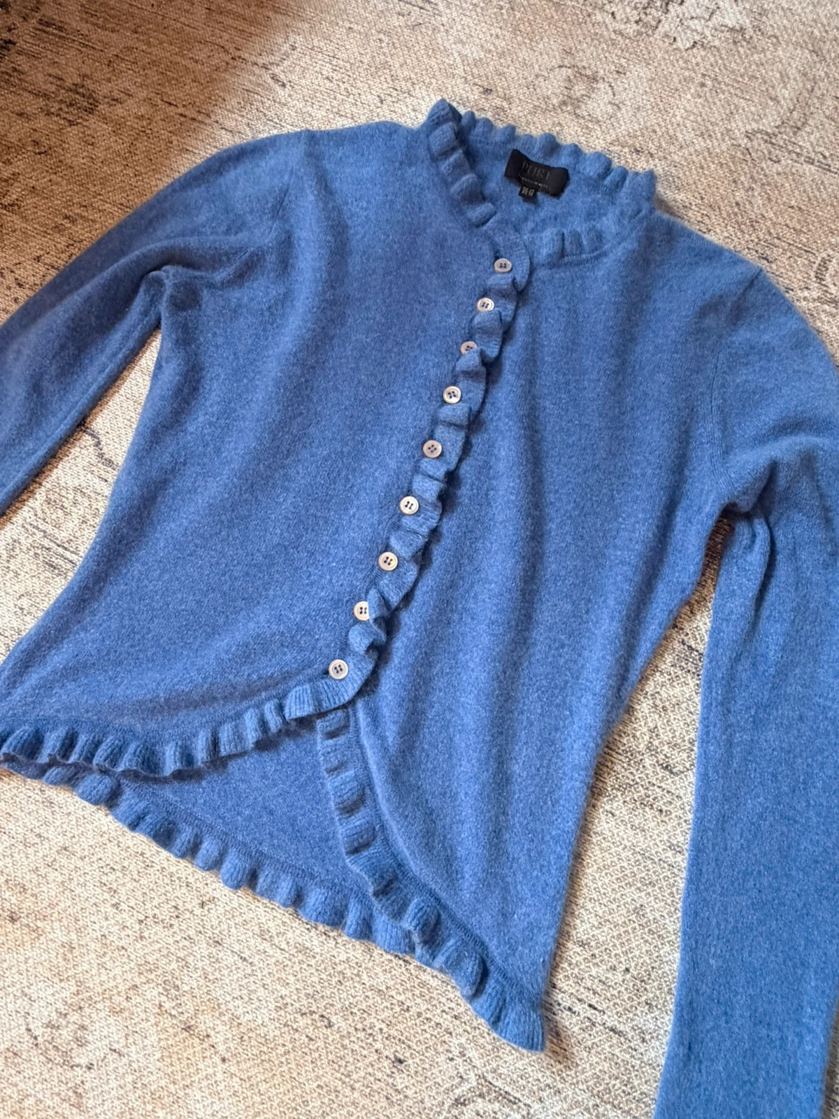 PURE Collection 100% Cashmere Blue Frill Cardigan UK 8-10 Vintage Cottagecore