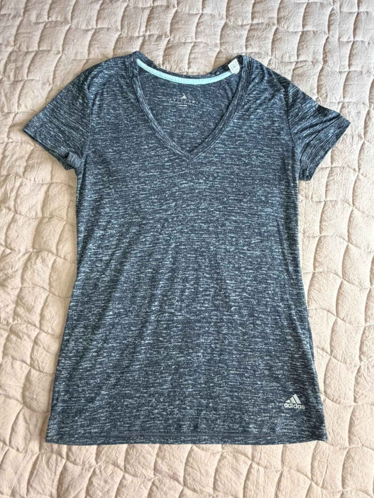 Adidas Climalite Navy Marl V-Neck T-Shirt | Size UK 8-10 S | Gym Running Top