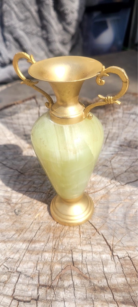 Vintage Green Onyx & Gilt Brass Amphora Bud Vase - Twin Scroll Handles, Neoclassical Mini Urn