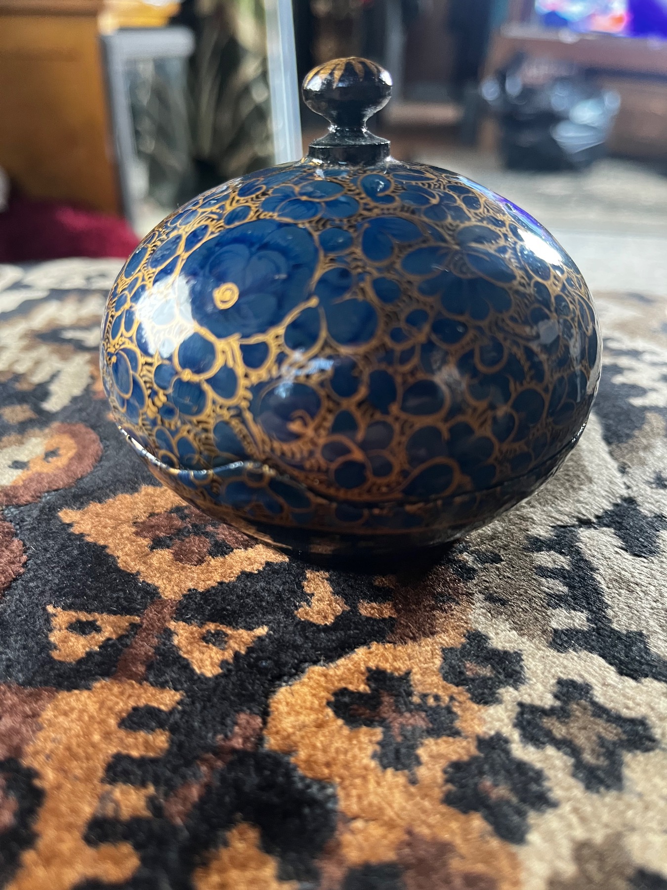 Vintage Kashmiri Papier Mâché Trinket Box Blue Gold Floral 3" Hand Painted India