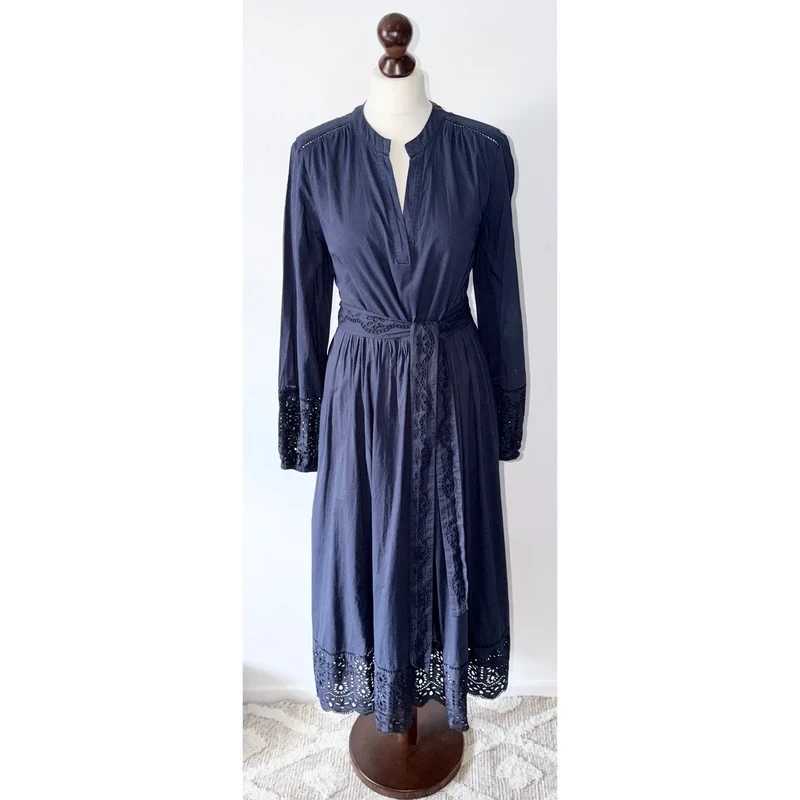 Boden Navy Jen Broderie V Neck Midi Fit & Flare Dress Pockets UK 10R RRP £155.00