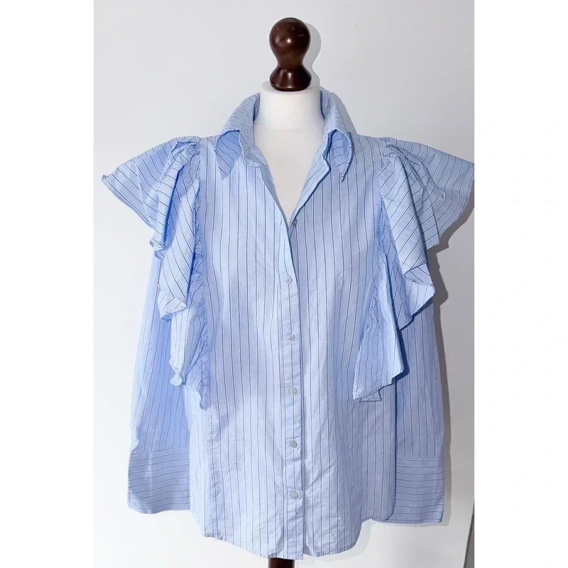 Mint Velvet Blue Striped Ruffled Detail Cotton Collared Shirt Size Large RRP £85.00