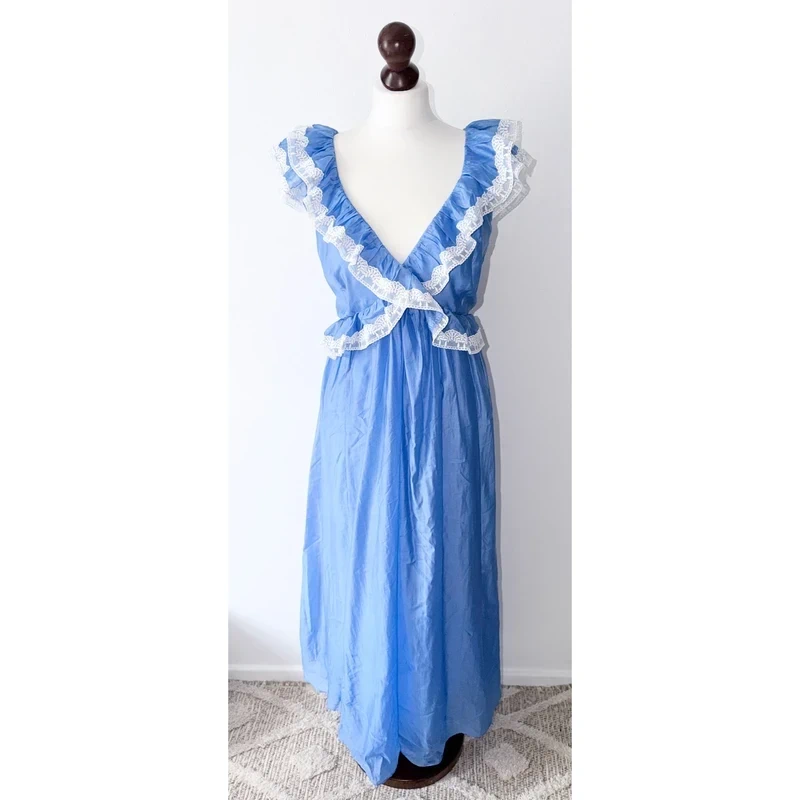 Mint Velvet White Lace Ruffle Trim Blue Fit & Flare Maxi Dress Size 16 RRP £149.00