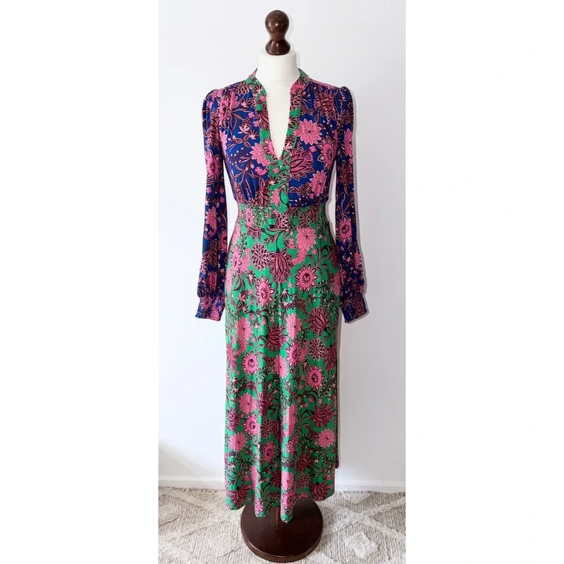 Boden Ivy Floral Smocked V Neck Midi Dress Pockets Purple Green Size 8R RRP £110.00
