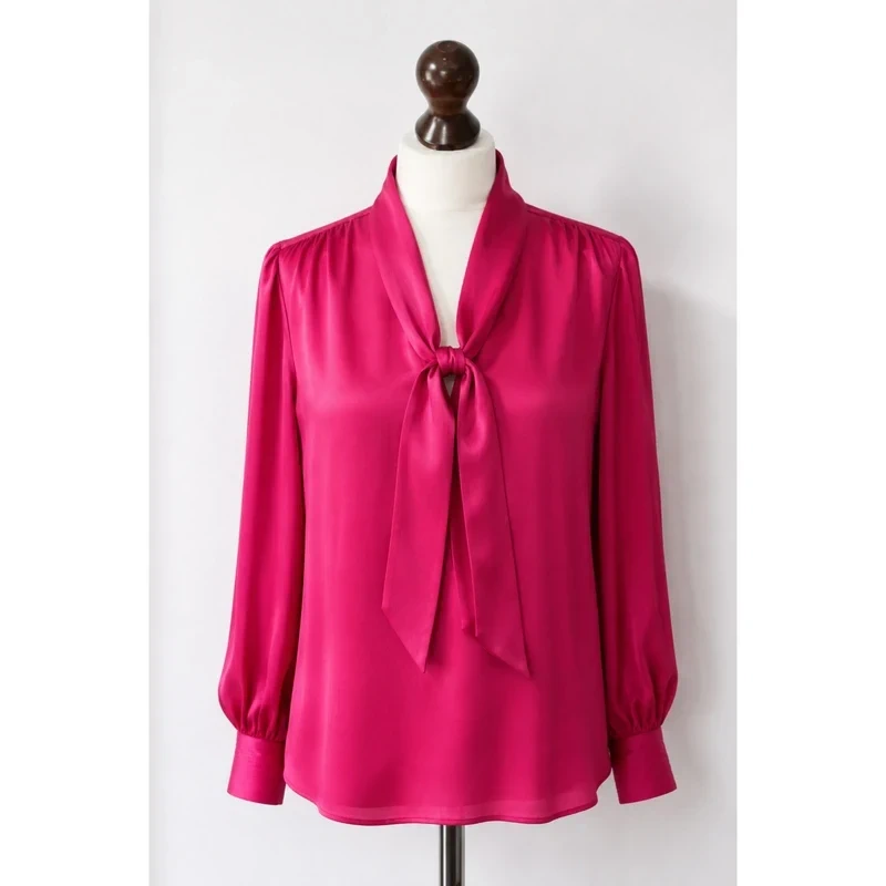 Hobbs Vibrant Berry Pink Dorset Pussy Bow V Neck Satin Blouse Size 12 RRP £99