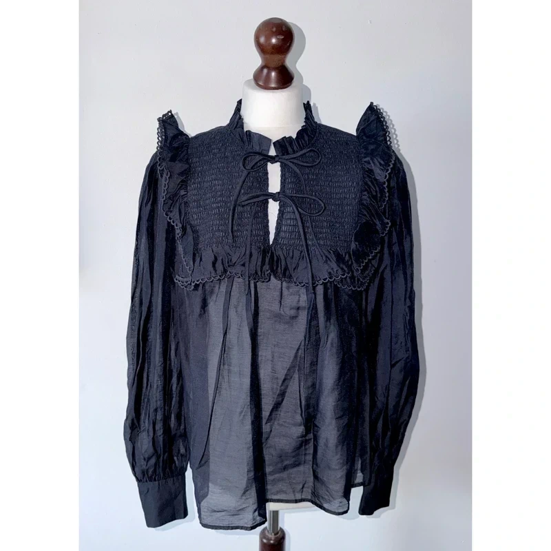Mint Velvet Black Tie Front Ruffle Semi Sheer Blouse Top Size L (14-16) RRP £89