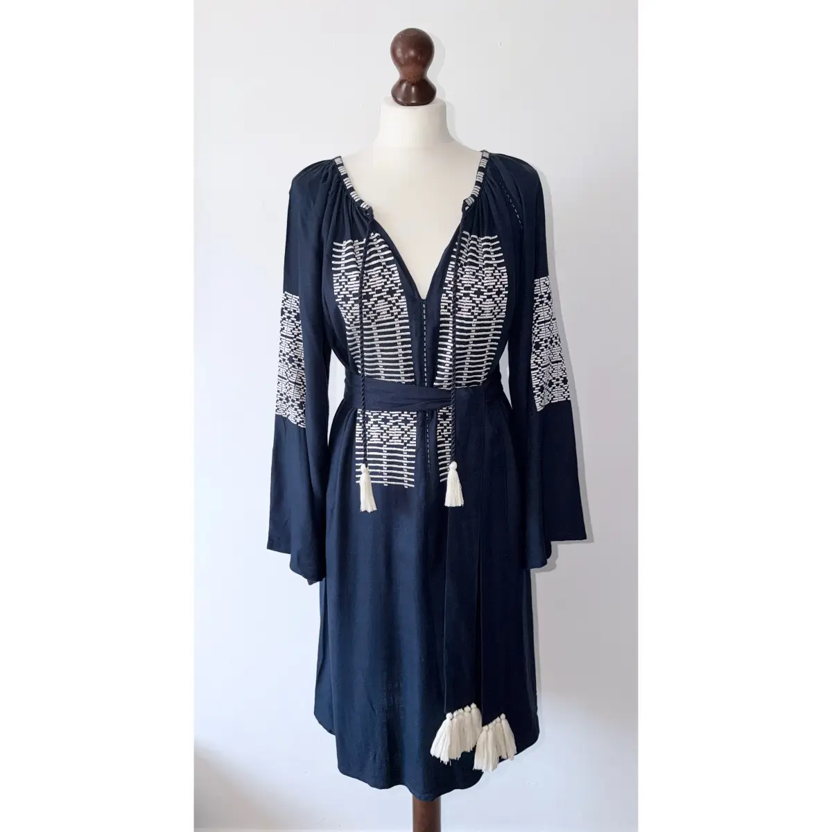 Jigsaw Navy Blue White Embroidered Kaftan Dress Tie Waist Size L UK 14 RRP £140