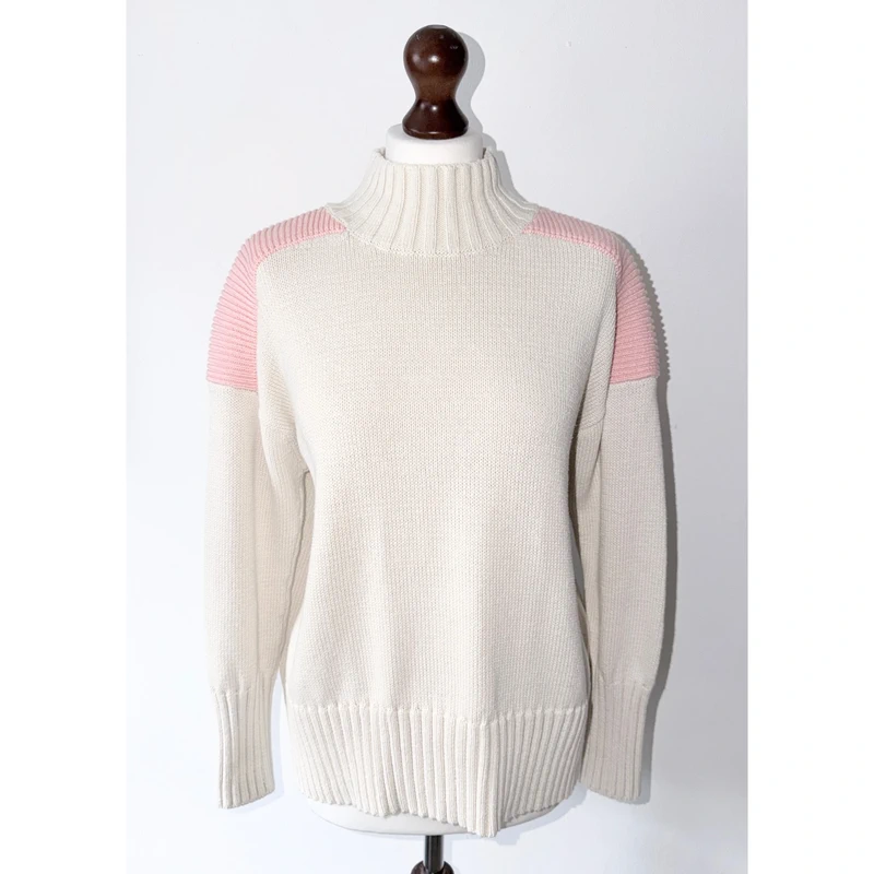 Chinti & Parker Two Tone Pink Cream Ribbed Cotton Turtleneck Jumper Size XS UK 6-8
