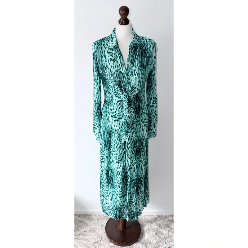 Whistles Green Brushed Leopard Tie Waist Midi Shirt Dress Size 12 RRP £159.00