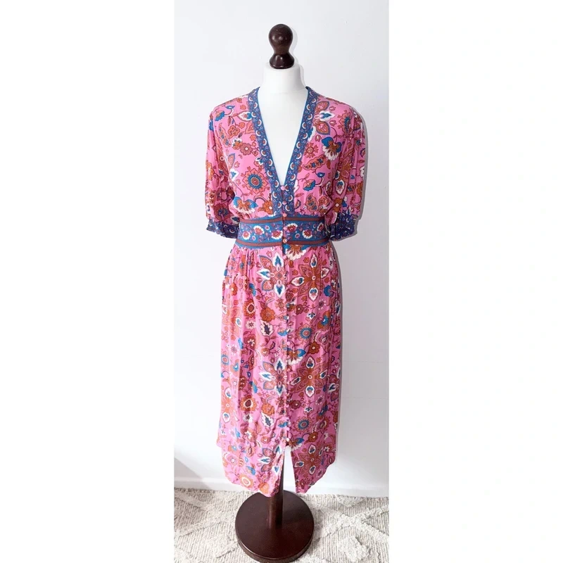BNWT Boden Pink Floral Elsa Midi V Neck Tea Dress Pockets Size 18R RRP £145.00