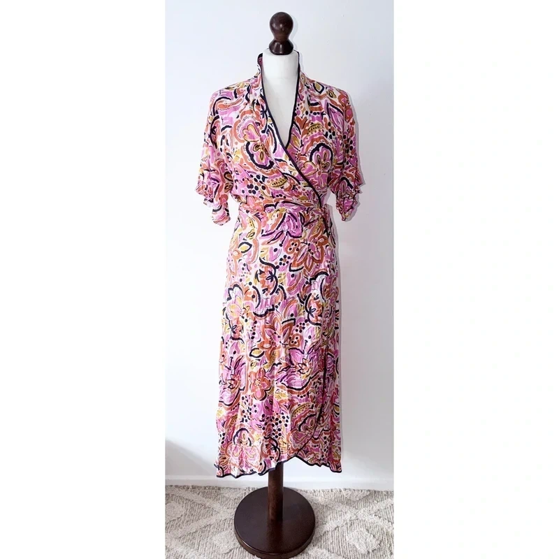 Whistles Pink Multicoloured Art Floral Ruffle Wrap Midi Dress Size 12 RRP £179